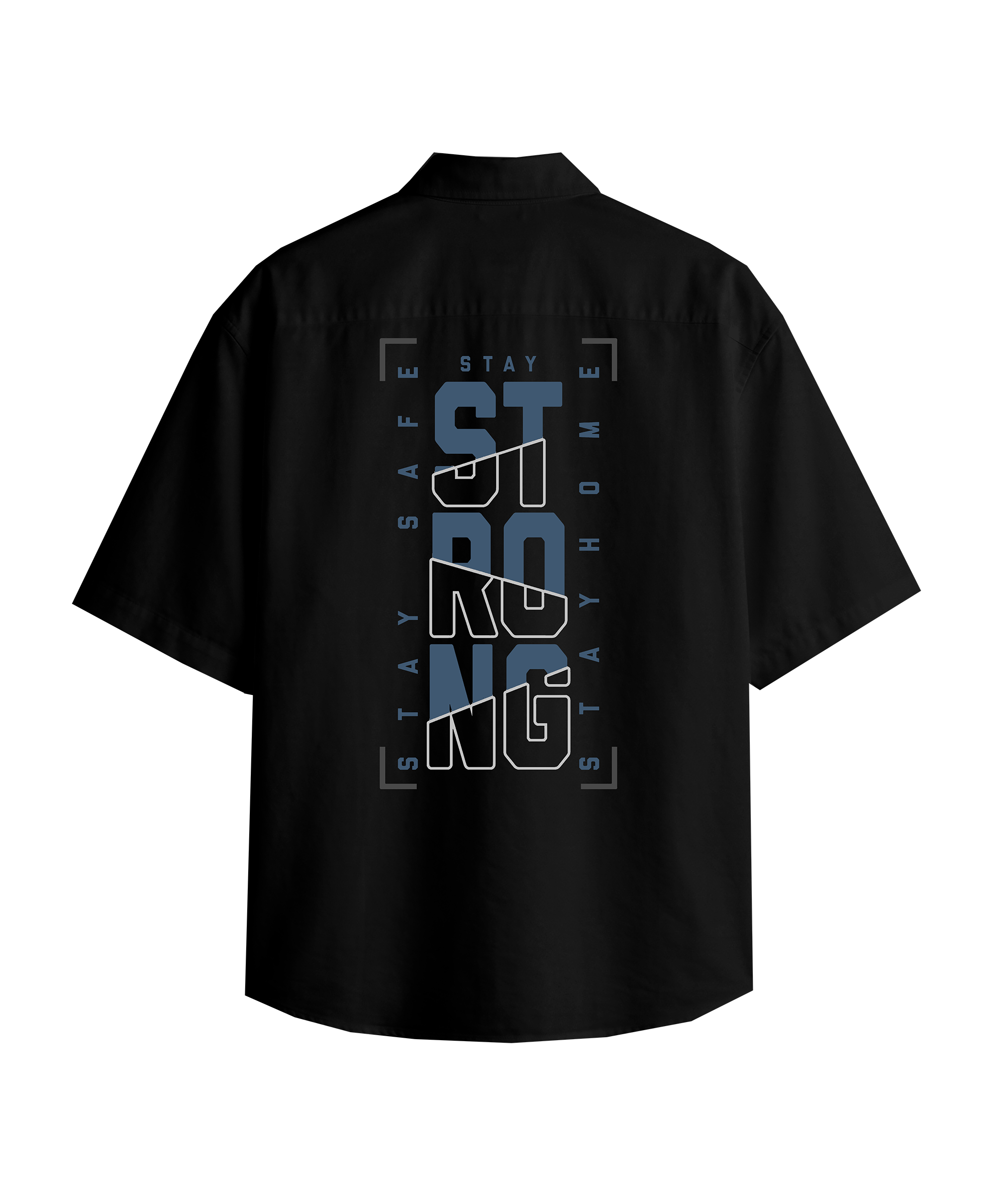 Black shirt with blue text and graphics on the back against a white background