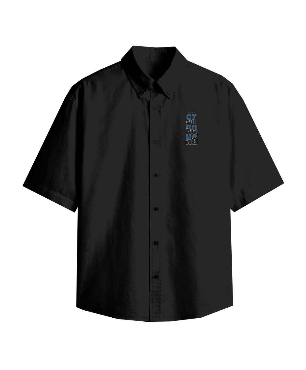 Black short-sleeve shirt with a logo on the chest against.