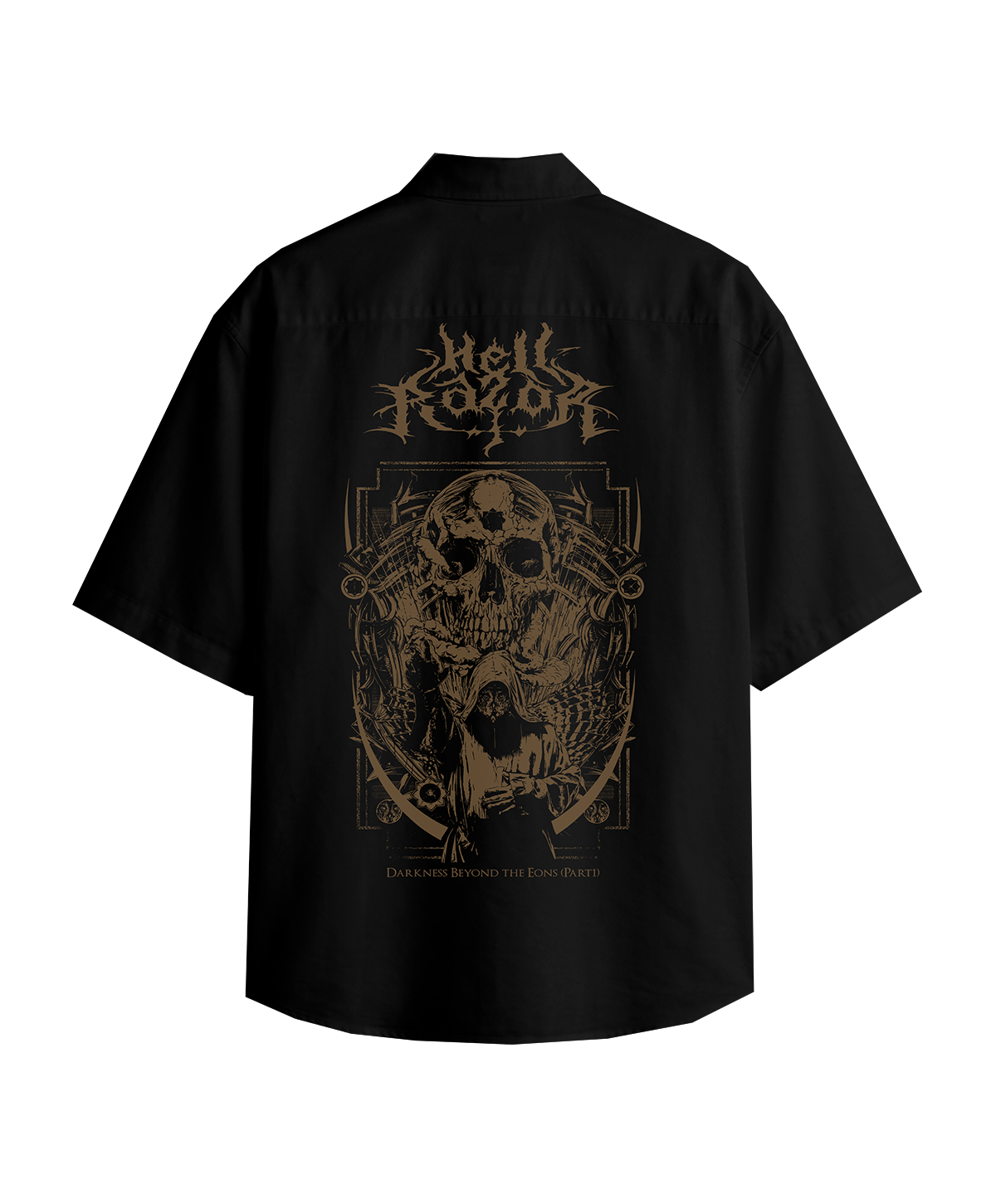 Black shirt with gold graphic design and text on the back, on a white background
