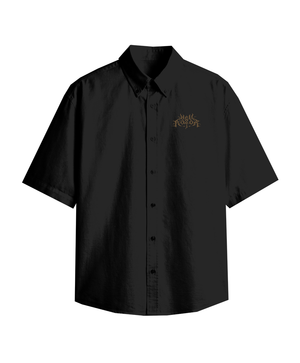 Black short-sleeve shirt with gold logo.