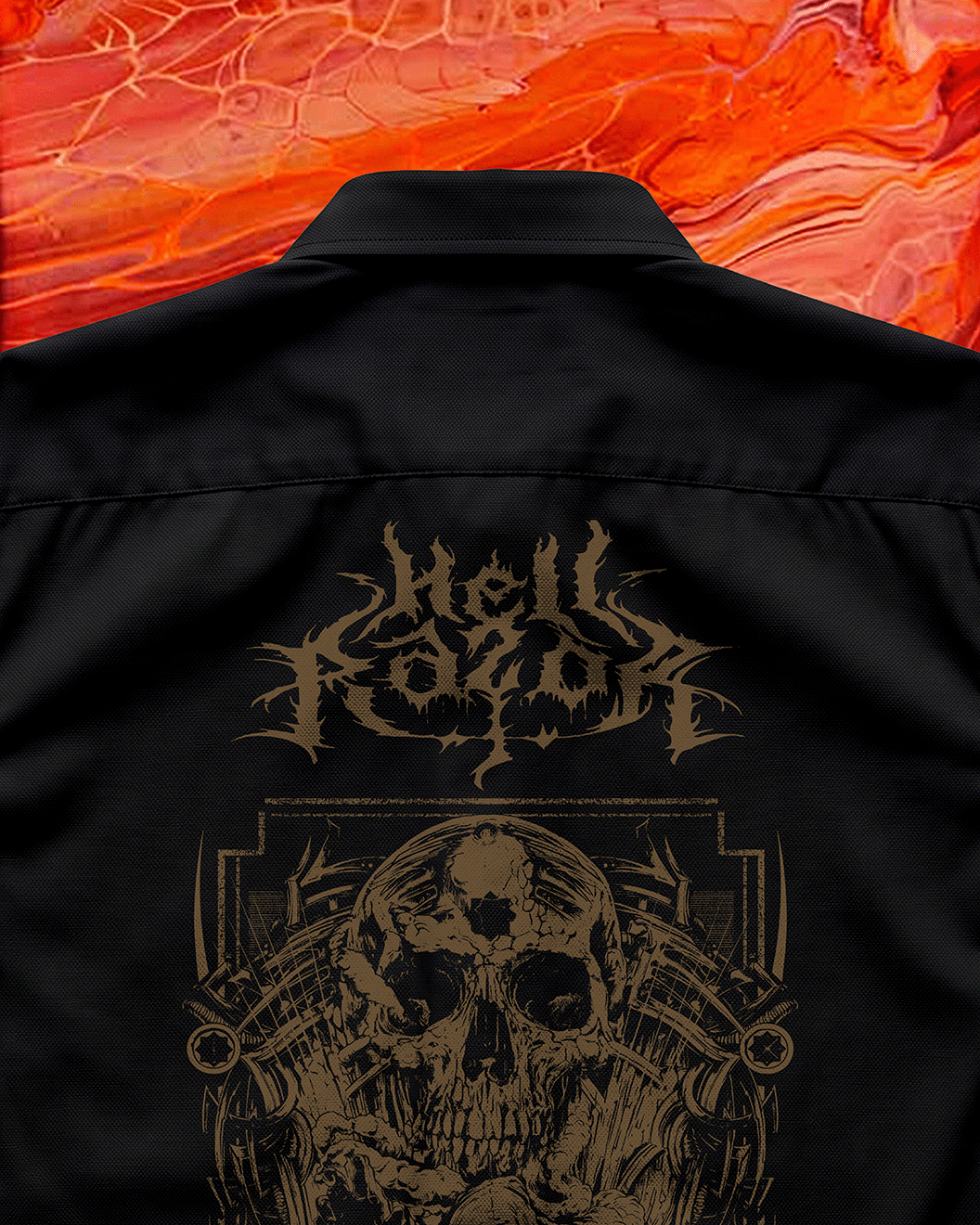 Black jacket with 'Hell Rotator' design on a fiery background