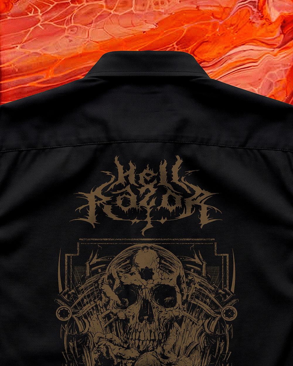 Black jacket with 'Hell Rotator' design on a fiery background