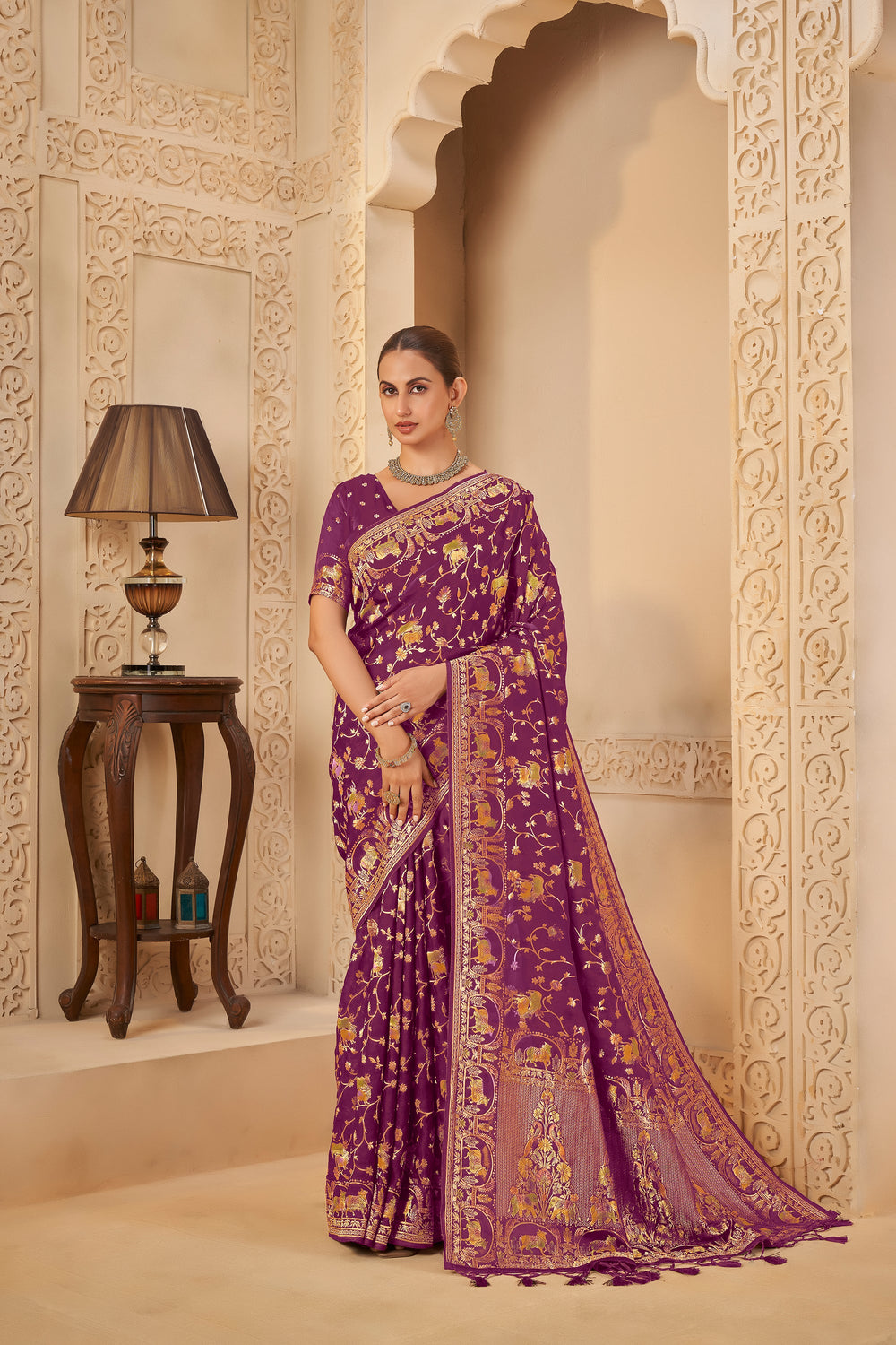 Rich Purple Saree with Regal Golden Elephant & Peacock Motifs - Yugo
