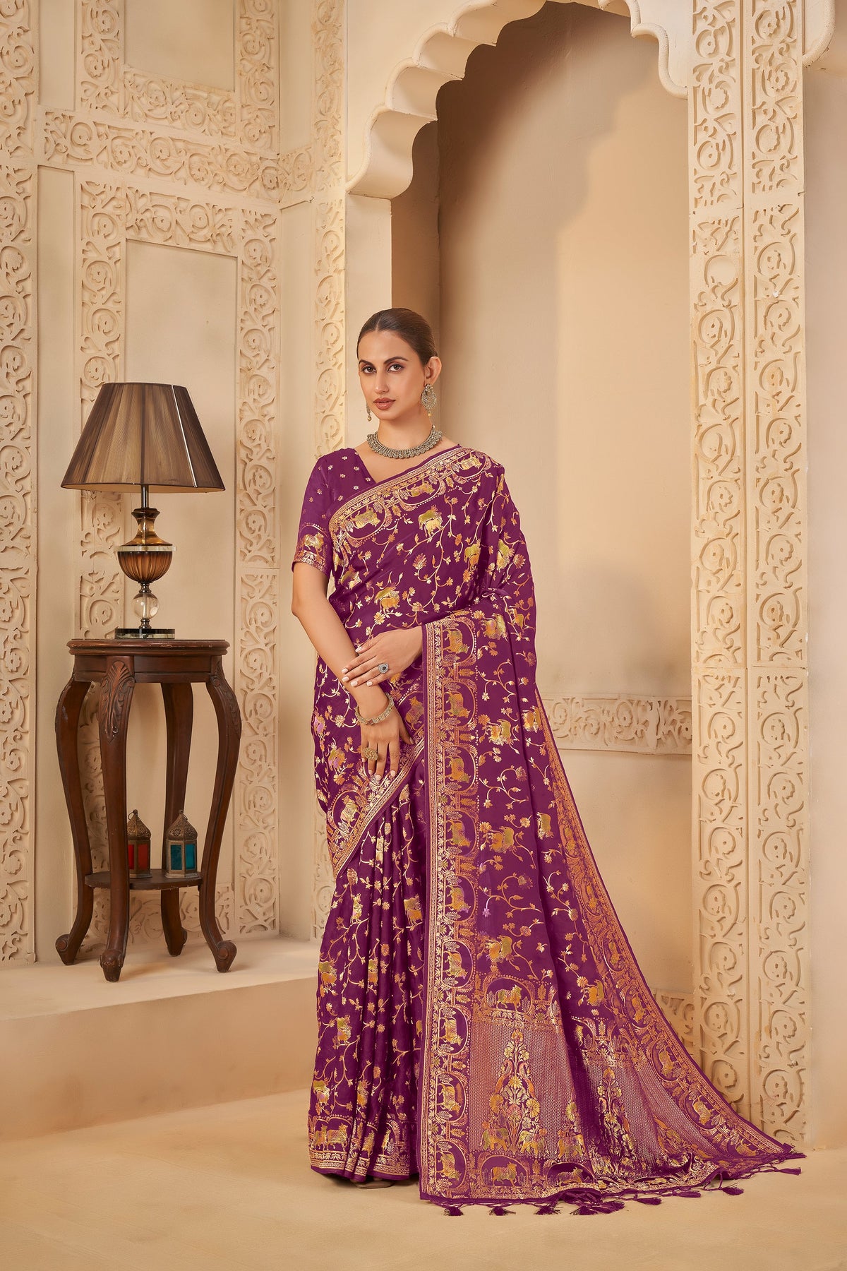 Rich Purple Saree with Regal Golden Elephant & Peacock Motifs - Yugo