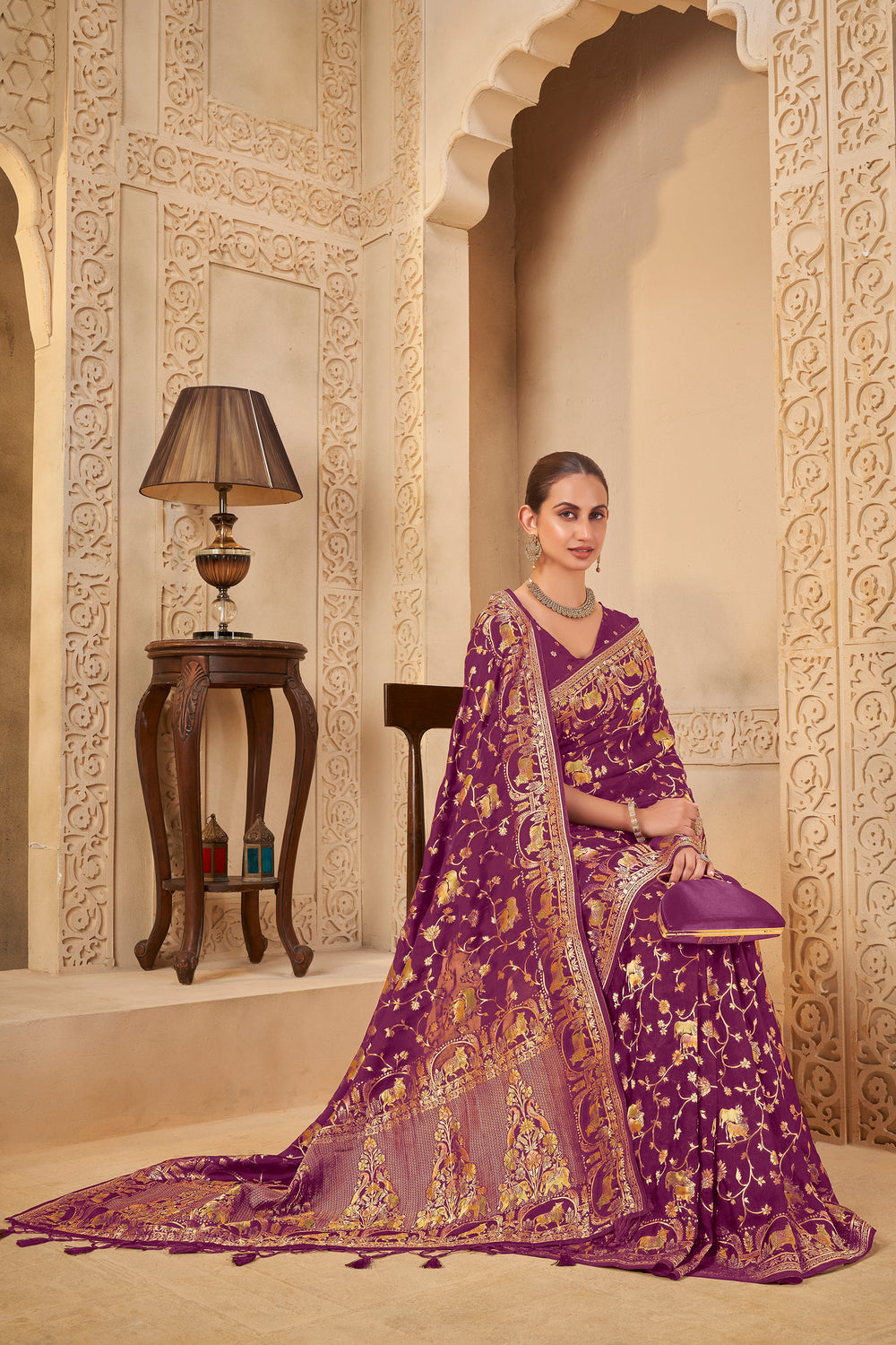 Rich Purple Saree with Regal Golden Elephant & Peacock Motifs - Yugo