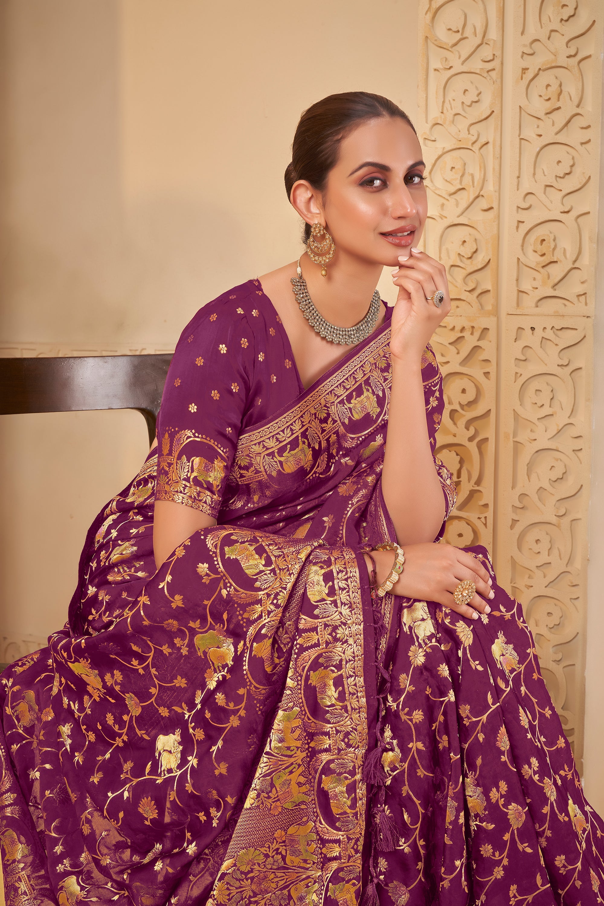 Rich Purple Saree with Regal Golden Elephant & Peacock Motifs - Yugo