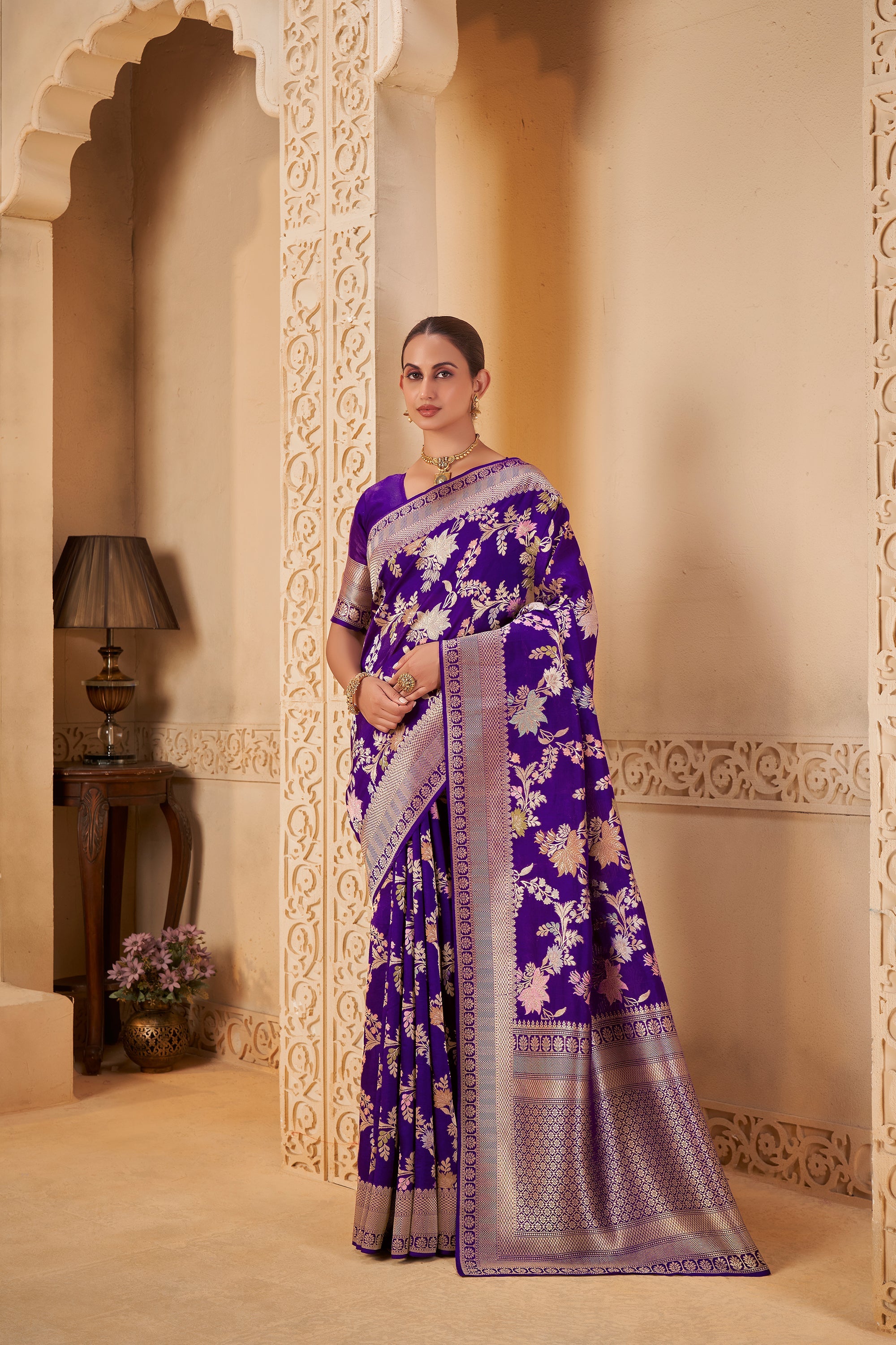 Royal Purple Saree with Silver Zari Border & Floral Weave - Yugo