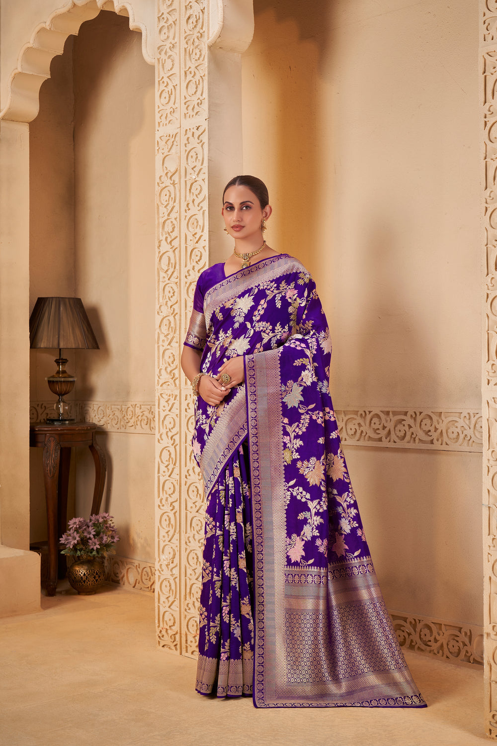 Royal Purple Saree with Silver Zari Border & Floral Weave - Yugo