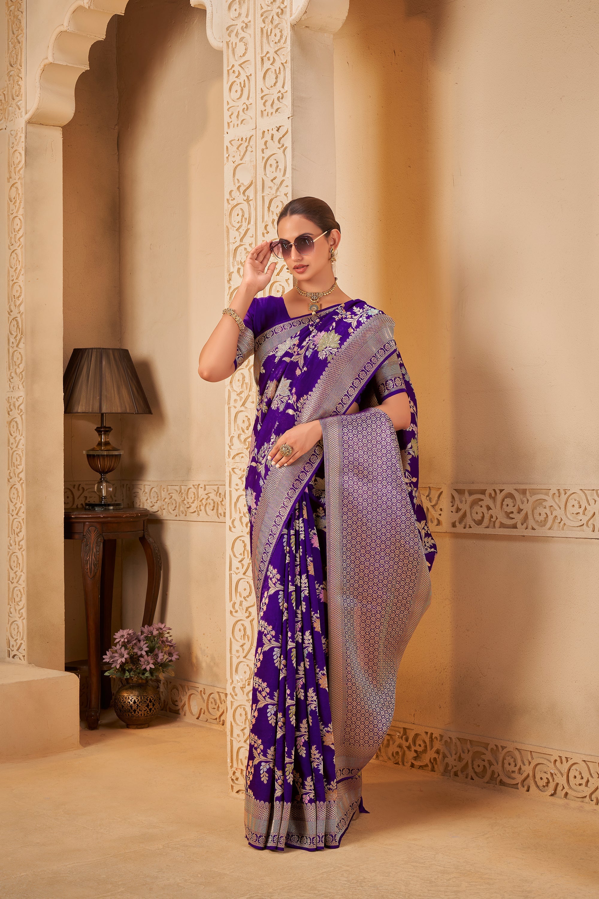 Royal Purple Saree with Silver Zari Border & Floral Weave - Yugo