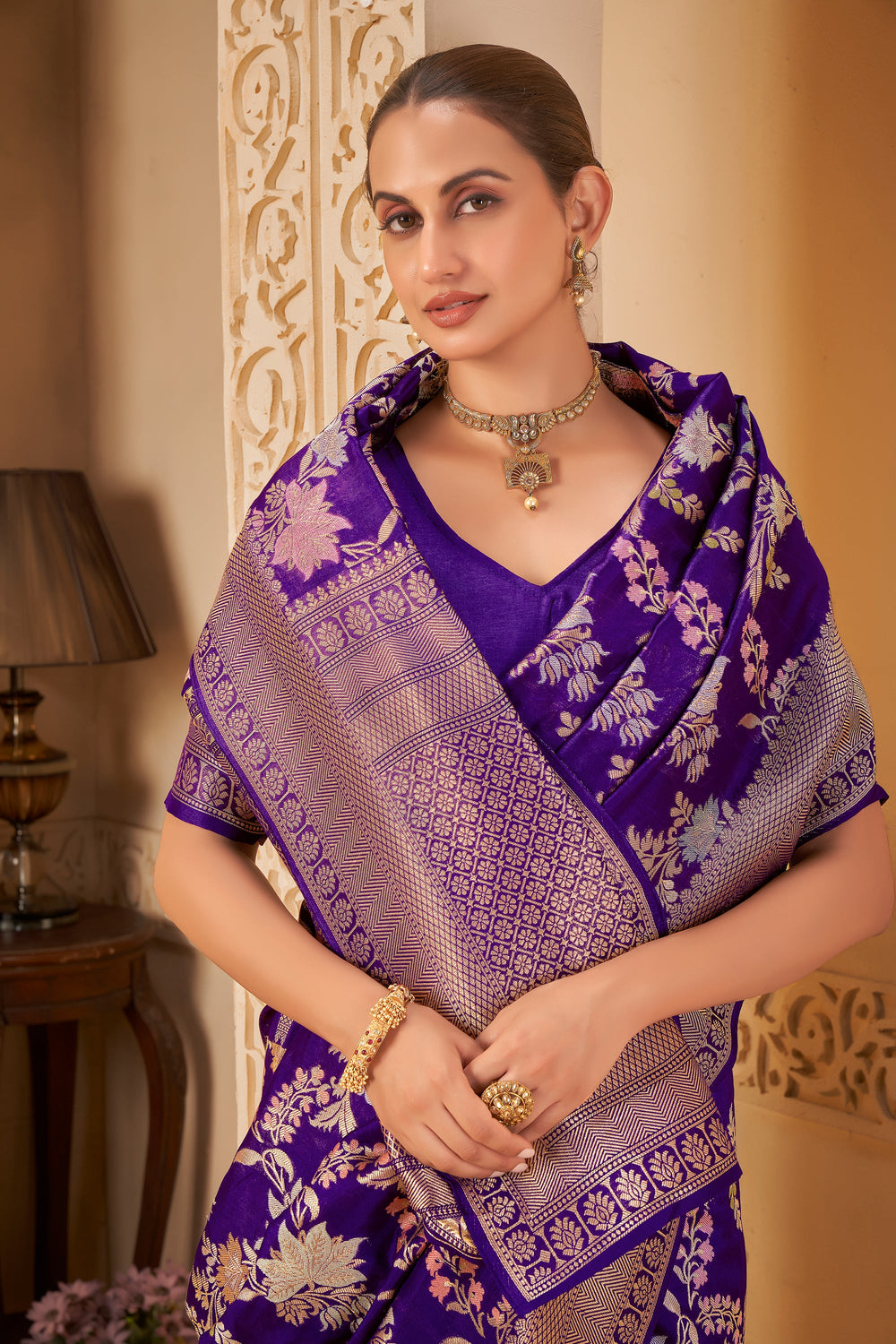 Royal Purple Saree with Silver Zari Border & Floral Weave - Yugo