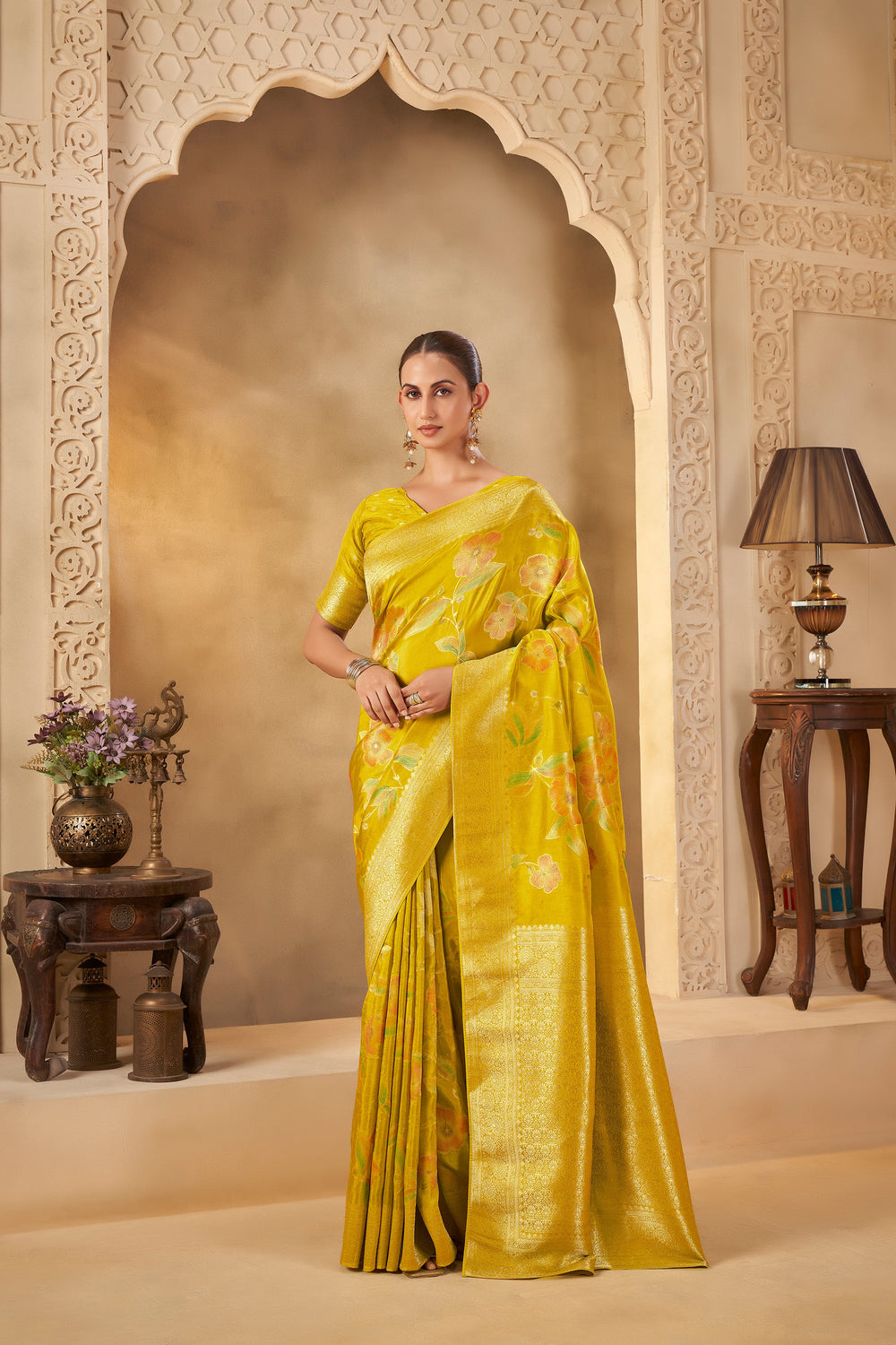 Mustard Yellow Saree with Elegant Floral Motifs & Festive Look - Yugo
