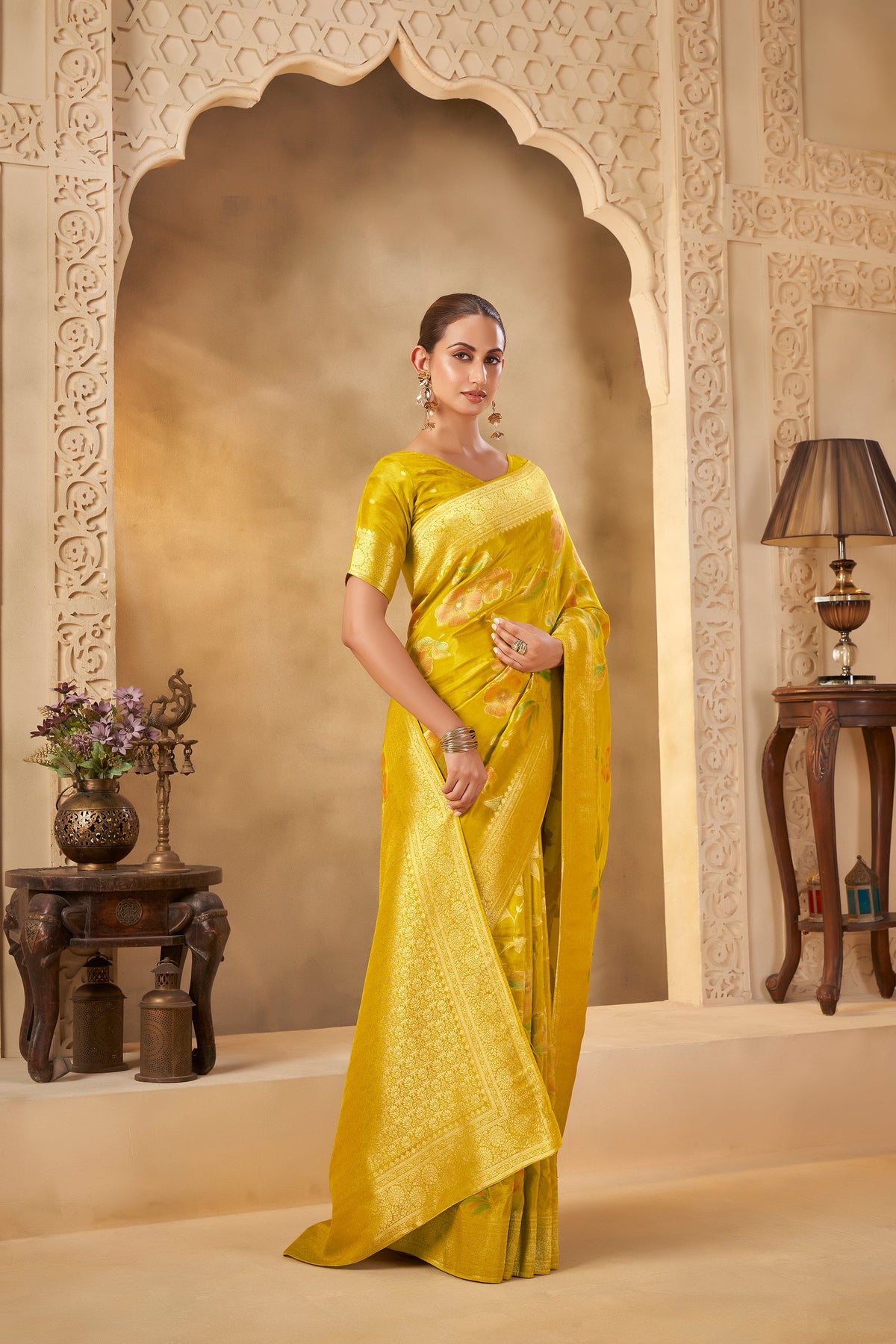 Mustard Yellow Saree with Elegant Floral Motifs & Festive Look - Yugo