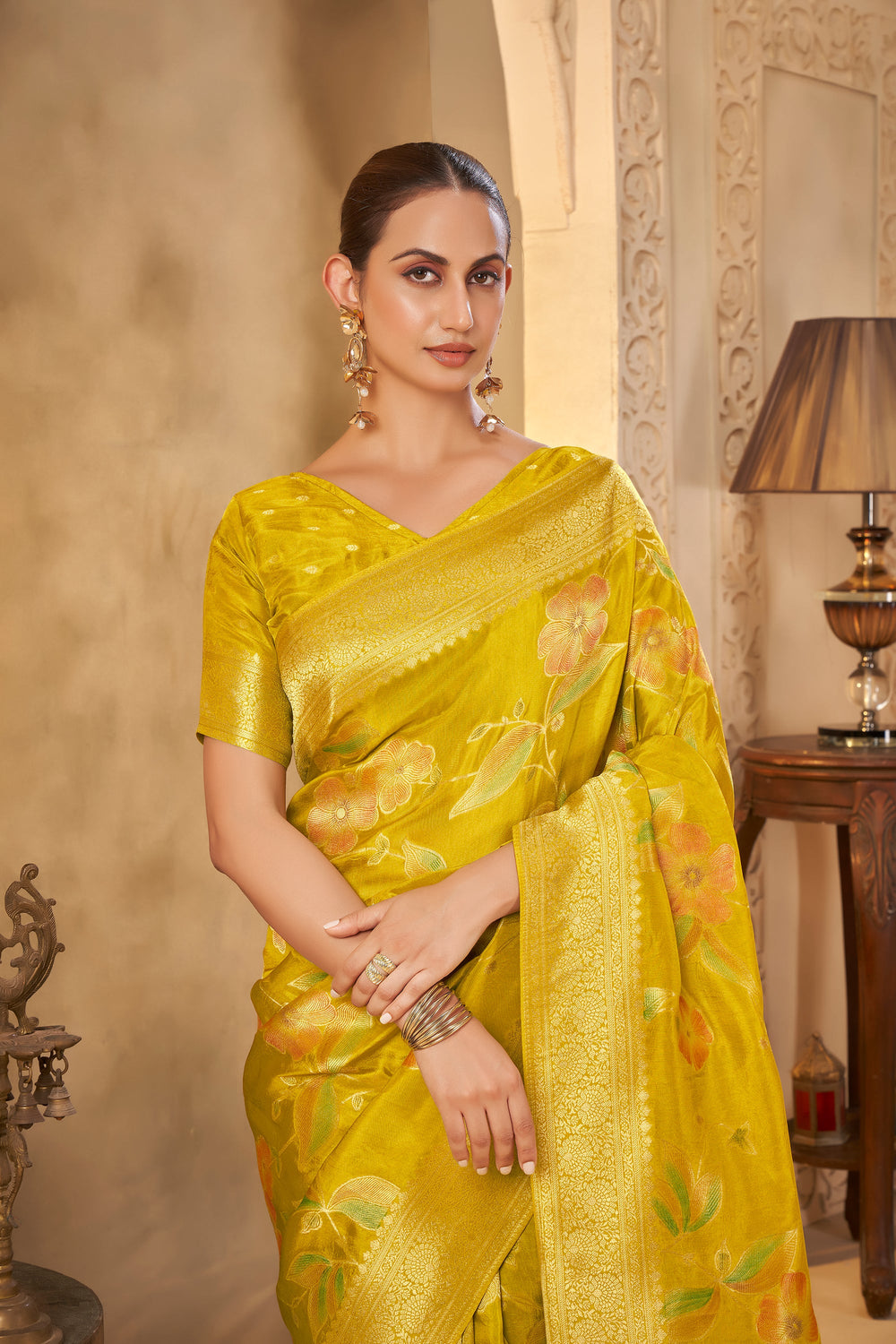 Mustard Yellow Saree with Elegant Floral Motifs & Festive Look - Yugo