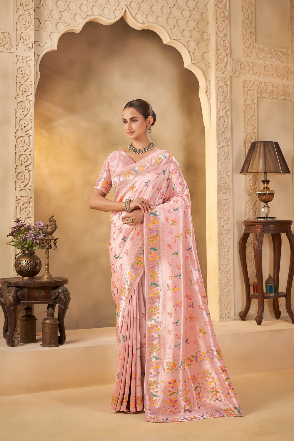 Soft Pink Designer Saree with Delicate Weave and Floral Motifs - Yugo