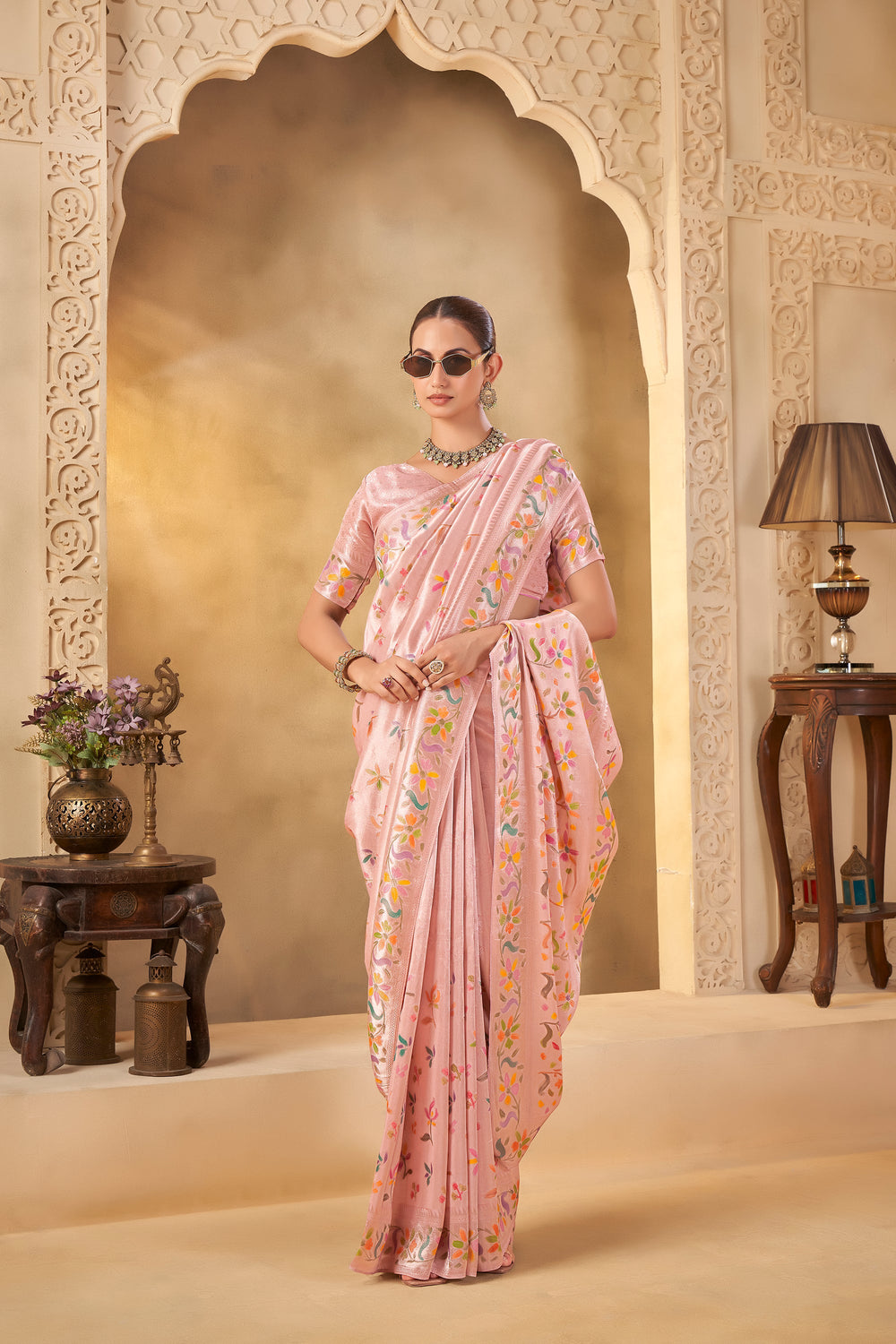 Soft Pink Designer Saree with Delicate Weave and Floral Motifs - Yugo