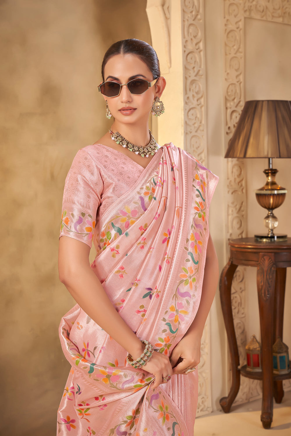 Soft Pink Designer Saree with Delicate Weave and Floral Motifs - Yugo