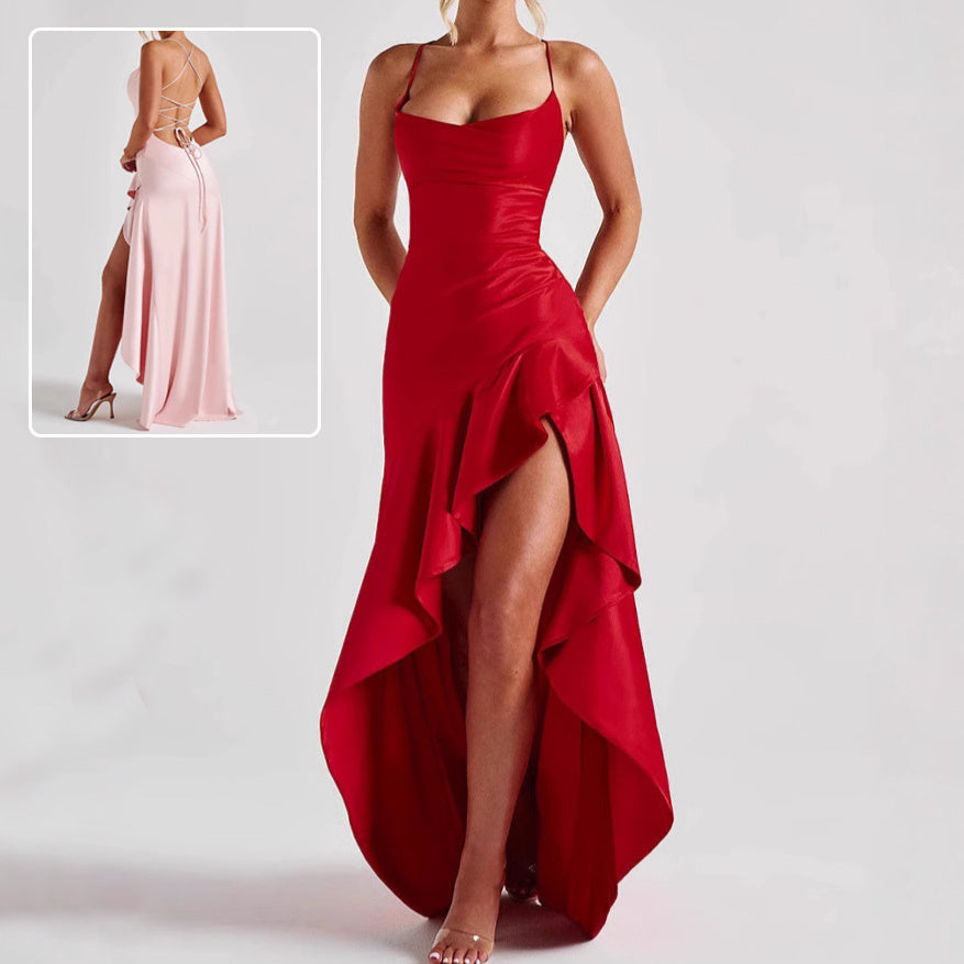 Women's Backless Ruffles Irregular Maxi Dress