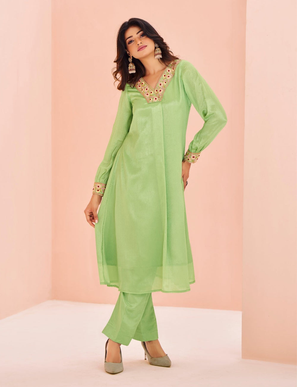 Premium Green Chinon Handwork Kurta Set for Festive & Wedding Wear