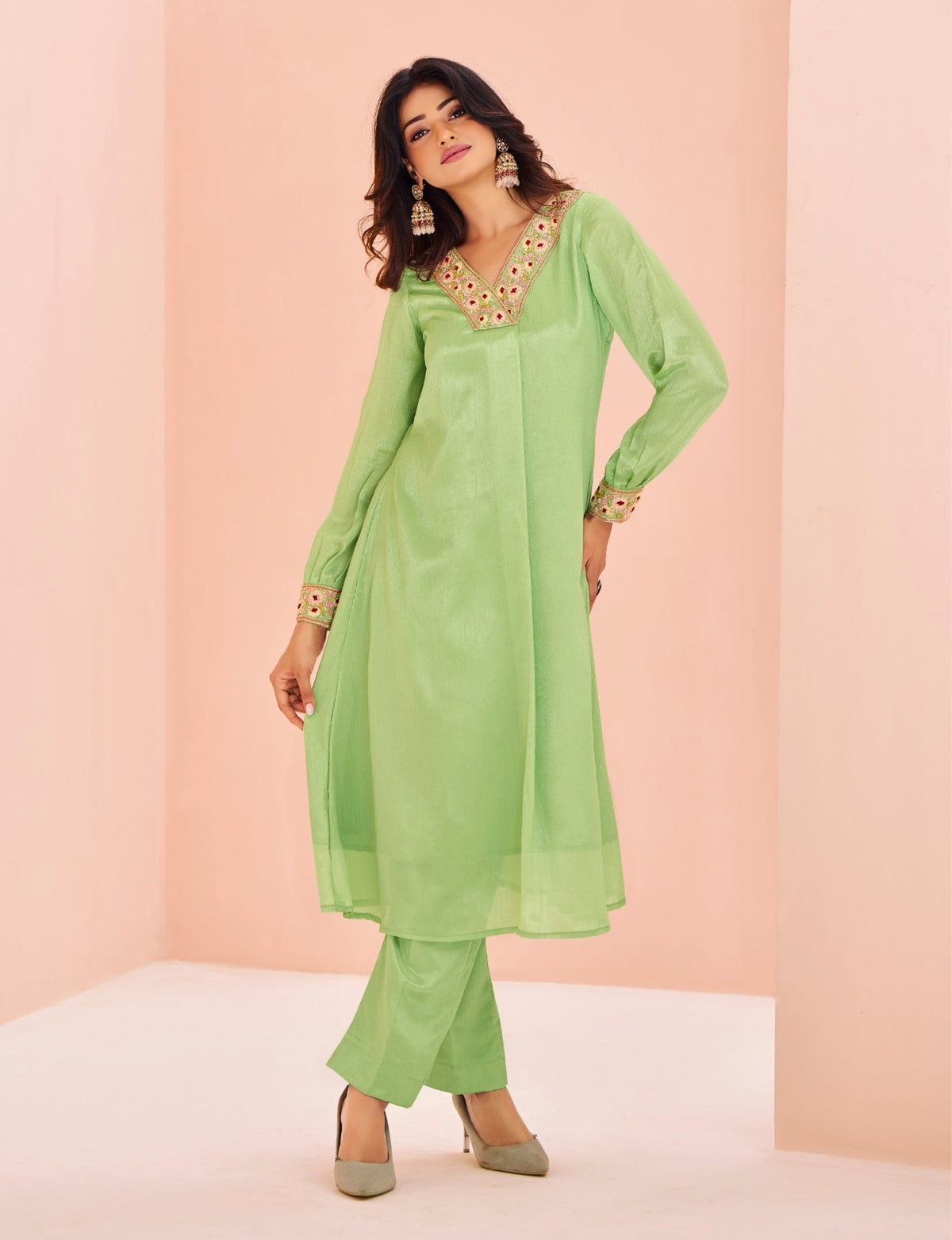 Premium Green Chinon Handwork Kurta Set for Festive & Wedding Wear