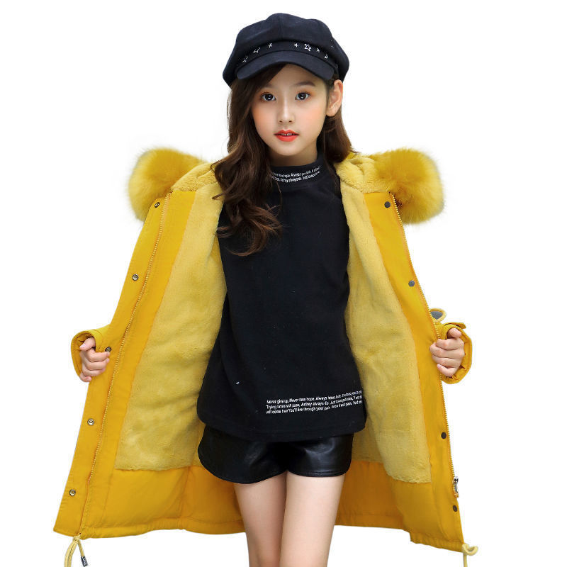 Girl's Middle And Large Children's Cotton Coats In The Long Style With Velvet Liner