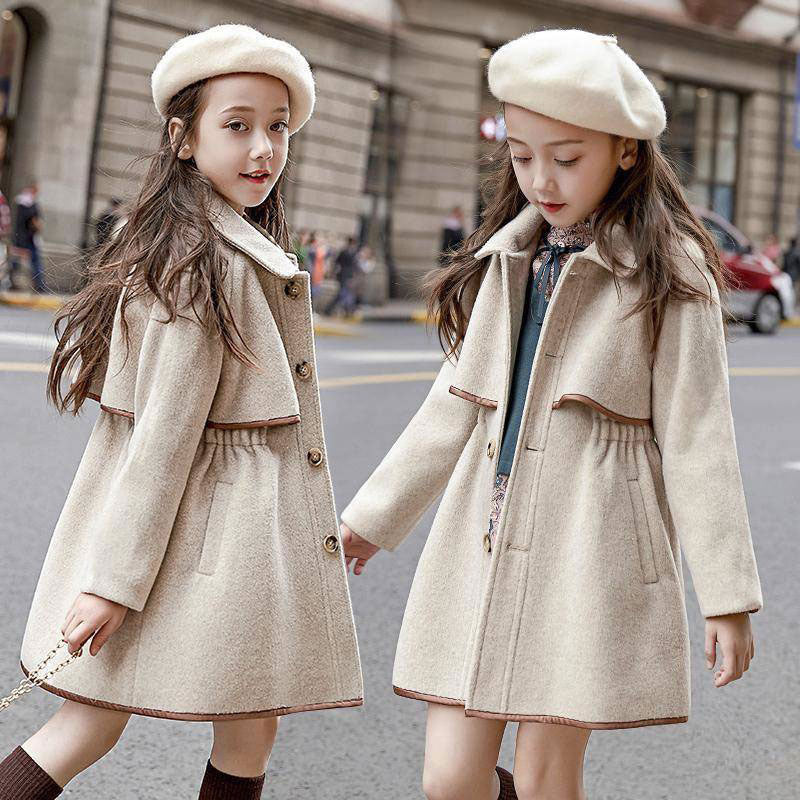 Girl's Solid Color Woolen Coat, British Fashion Mid-length Coat, Waist Thickened