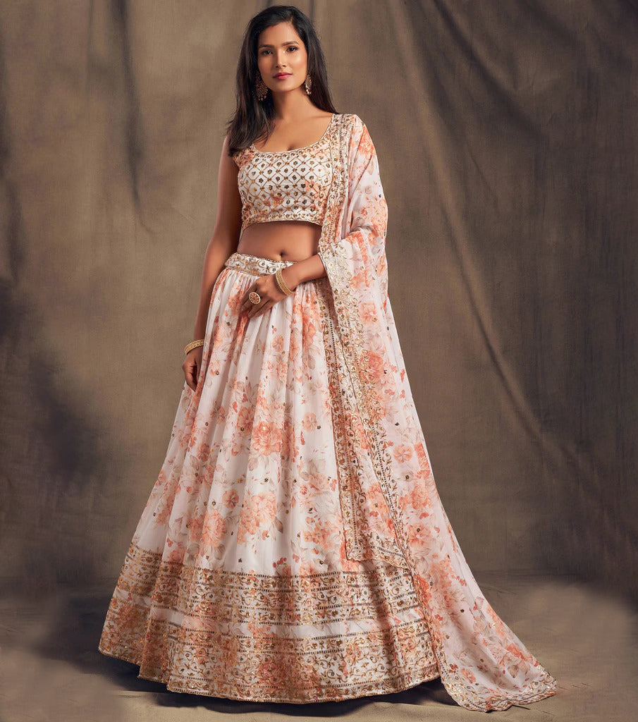 Beautiful White & Orange Zari Embroidery Organza Occasional Wear Semi Stitched Lehenga
