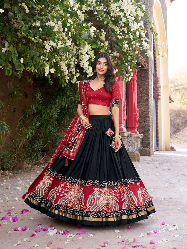 Black Color Patola Printed Tussar Silk Lehenga Choli - Image 1
