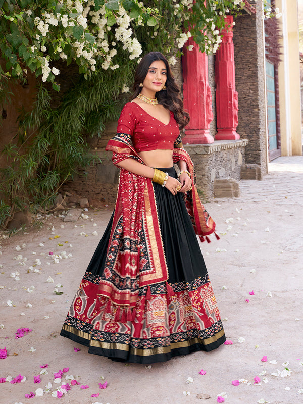 Black Color Patola Printed Tussar Silk Lehenga Choli - Image 3