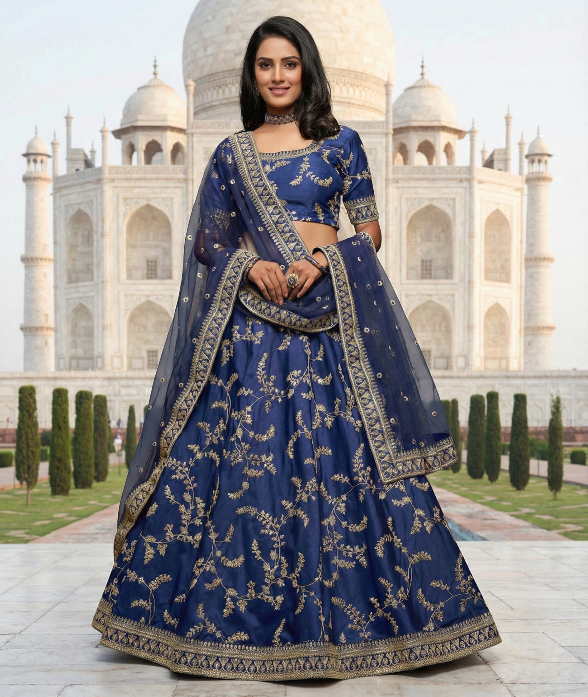 Blue Embroidered Art Silk Indian Lehenga