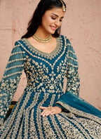 Blue Embroidered Indian Floor Length Suit