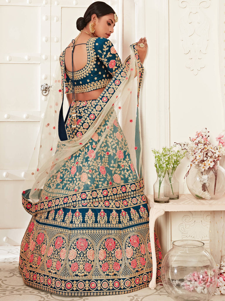 Blue Floral Silk Heavy Lehenga Choli With Dupatta