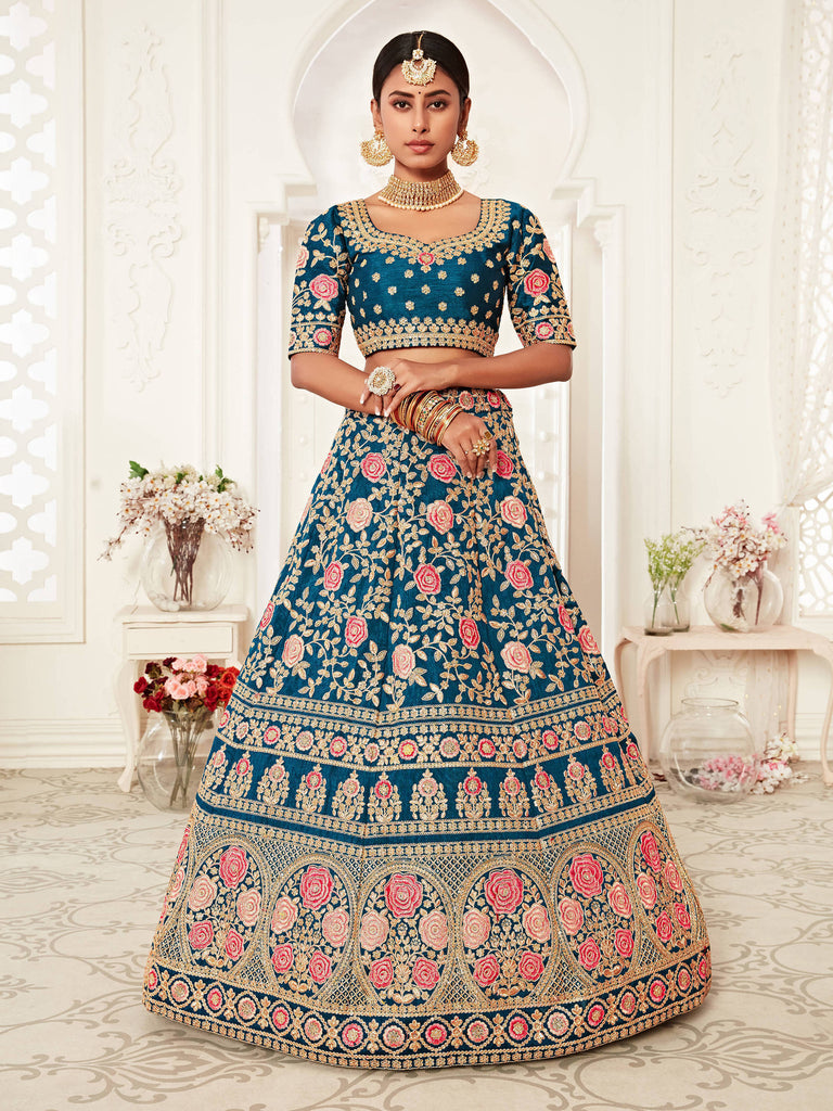 Blue Floral Silk Heavy Lehenga Choli With Dupatta