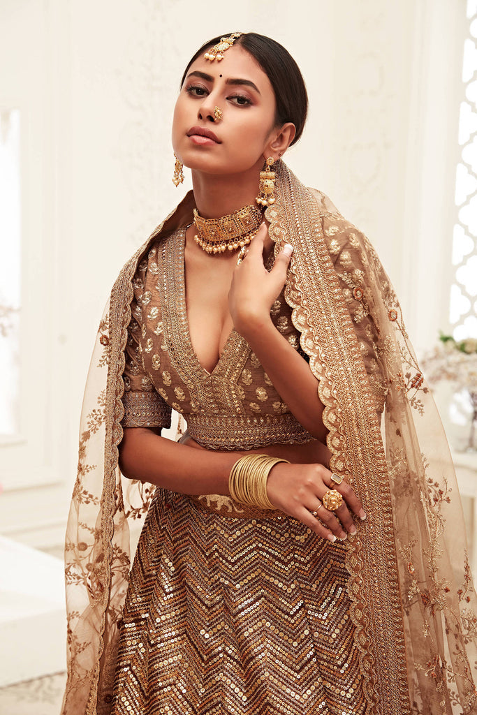 Brown Sequins Silk Bridal Wedding Lehenga Choli 