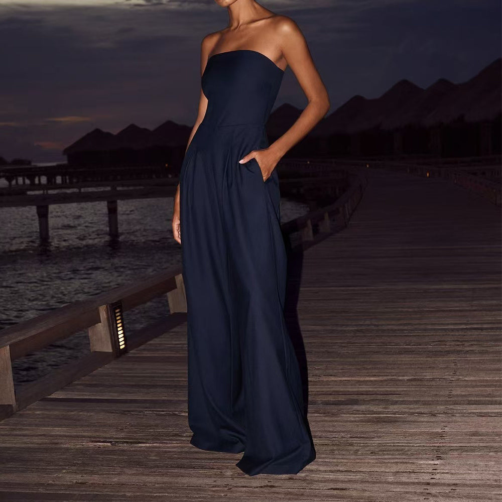 Women's Loose Tube-top Jumpsuit Fashion Backless Wide Leg Long Pants Overalls Clothing