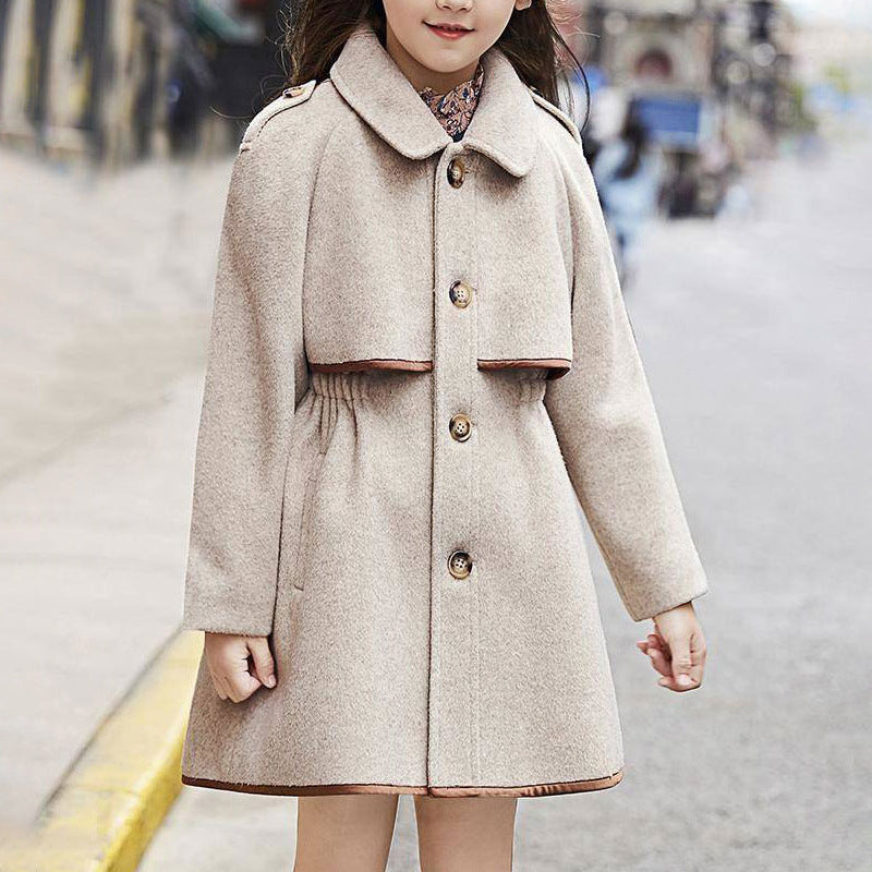 Girl's Solid Color Woolen Coat, British Fashion Mid-length Coat, Waist Thickened