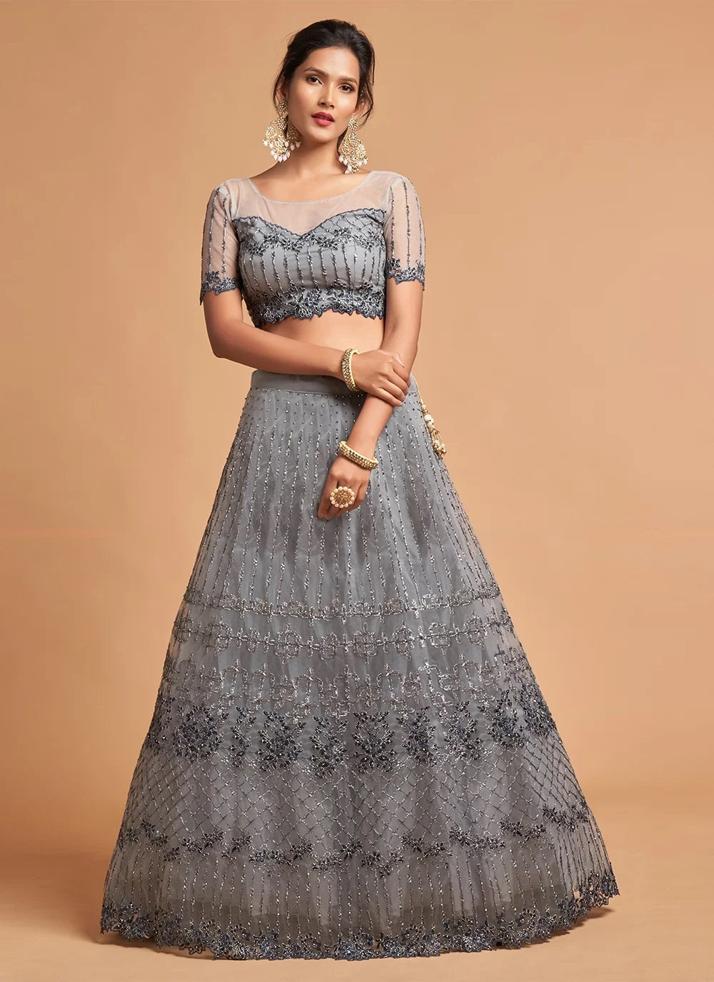 Ceremonial Zari Net A Line Lehenga Choli In Grey