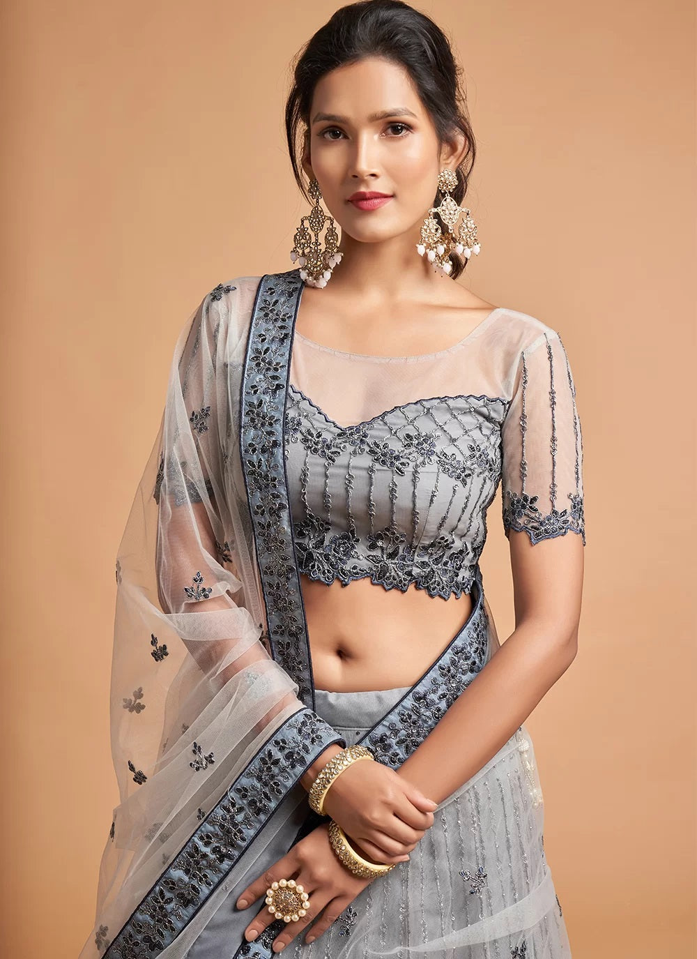 Ceremonial Zari Net A Line Lehenga Choli In Grey