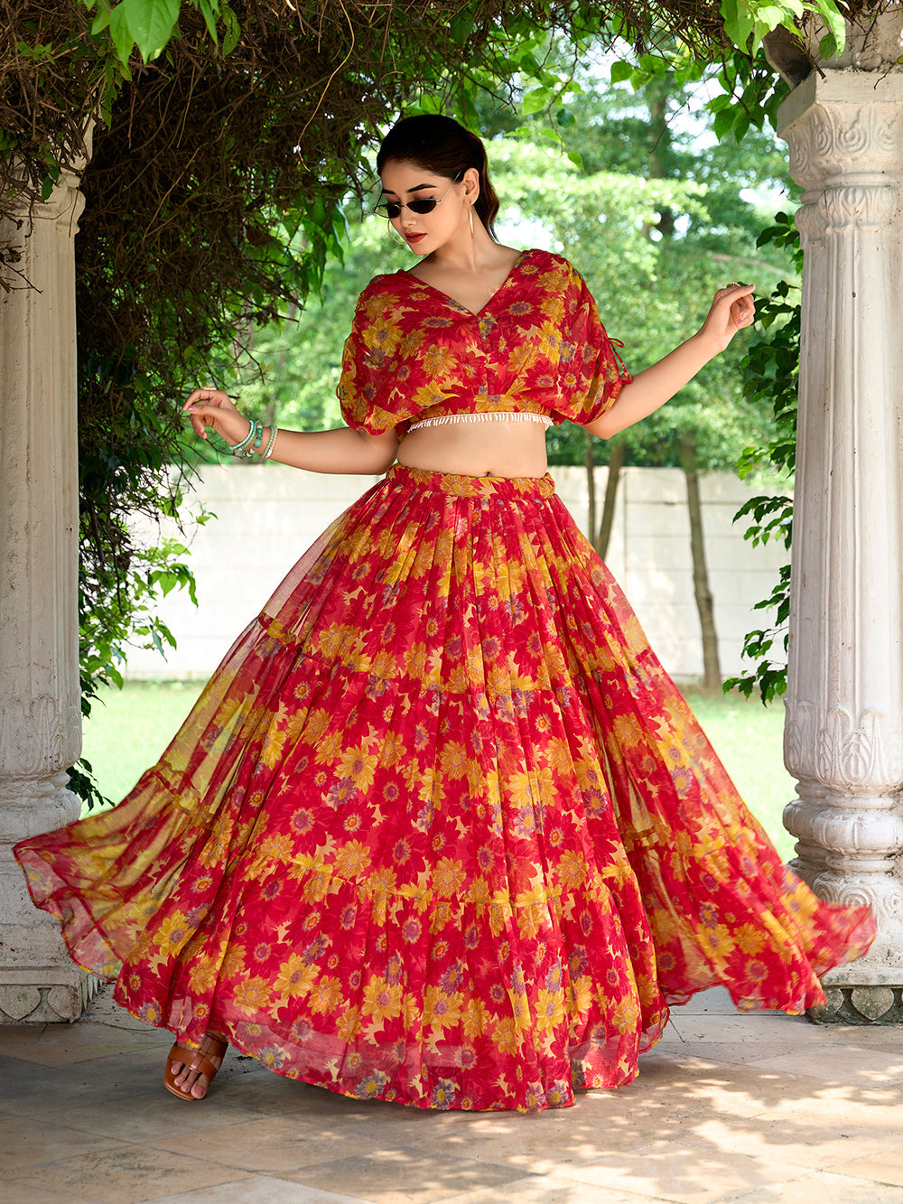 Red Color Floral Print Chiffon Co-ord Set Chaniya Choli