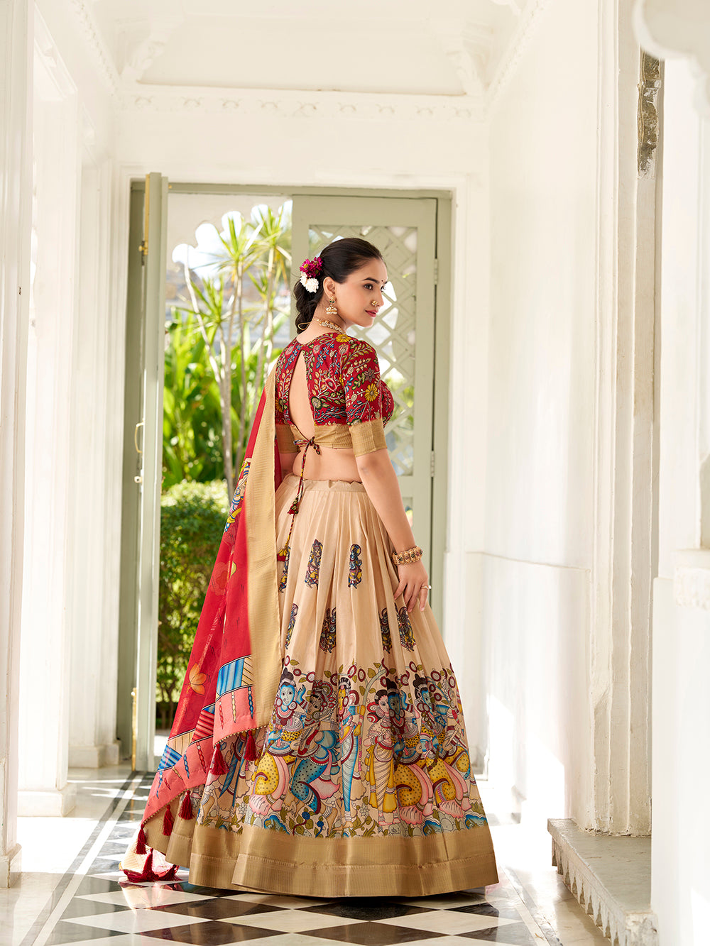Cream Color Kalamkari Print With Weaving Border Dola Silk Lehenga Choli
