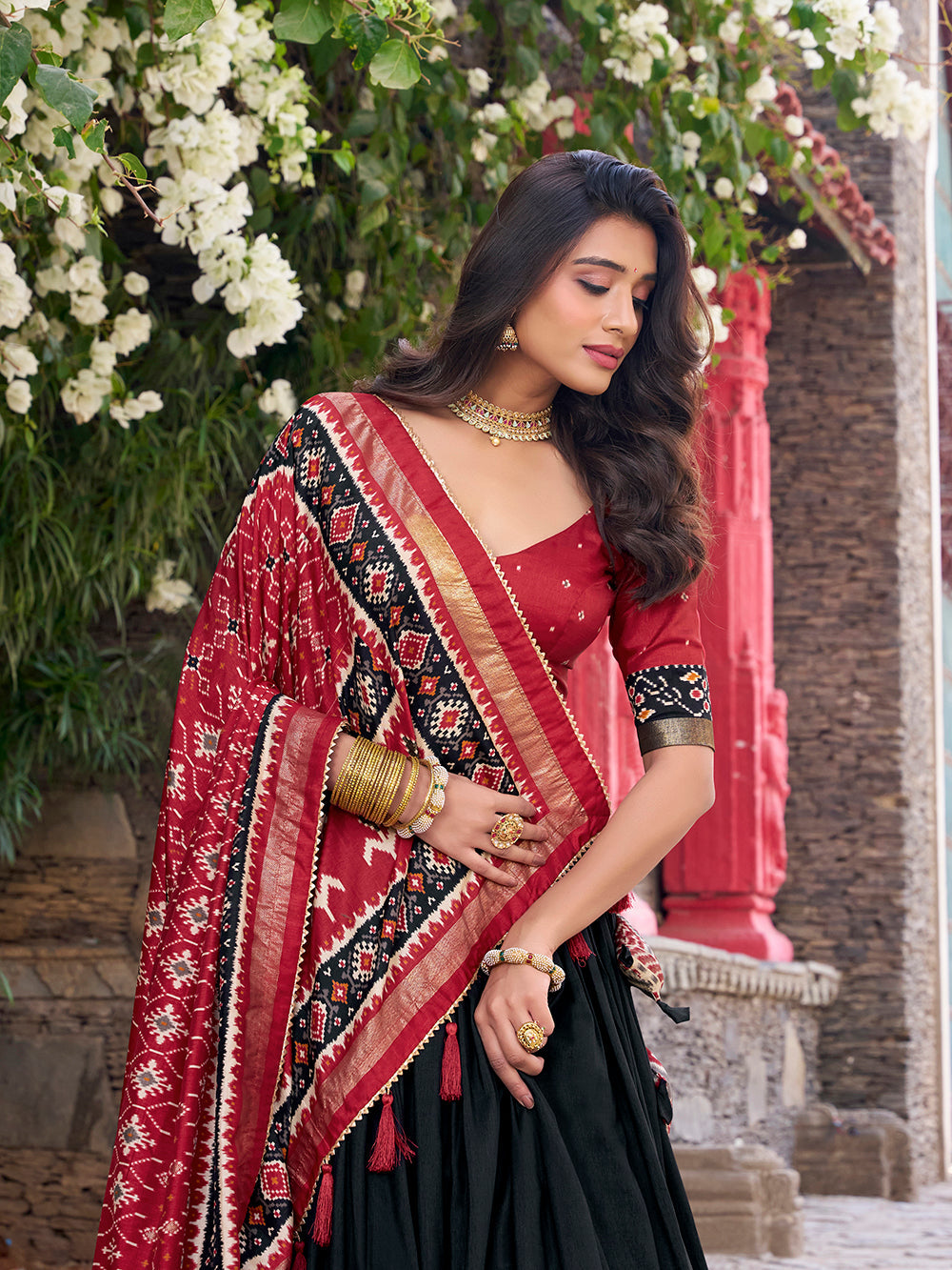 Black Color Patola Printed Tussar Silk Lehenga Choli