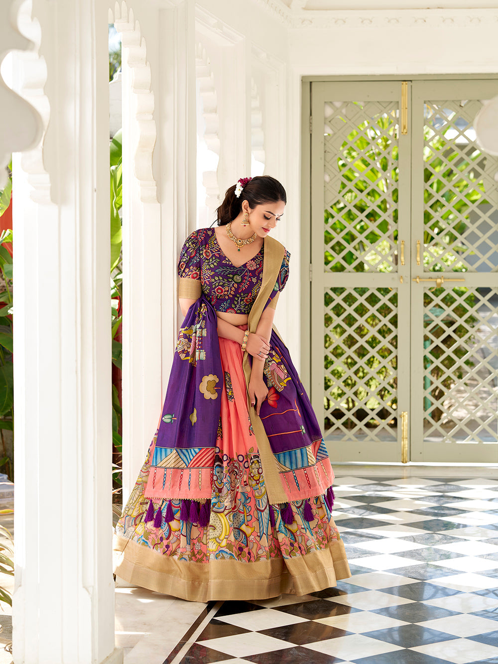 Peach Color Kalamkari Print With Weaving Border Dola Silk Lehenga Choli