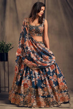 Dove Blue Zari Embroidery Organza Occasional Wear Semi Stitched Lehenga 