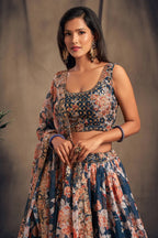 Dove Blue Zari Embroidery Organza Occasional Wear Semi Stitched Lehenga 