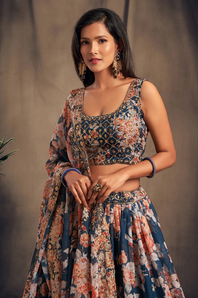 Dove Blue Zari Embroidery Organza Occasional Wear Semi Stitched Lehenga 