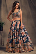 Dove Blue Zari Embroidery Organza Occasional Wear Semi Stitched Lehenga 
