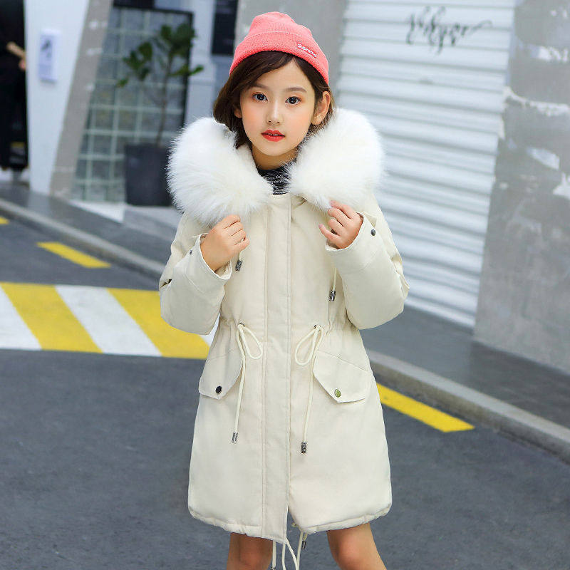 Girl's Middle And Large Children's Cotton Coats In The Long Style With Velvet Liner