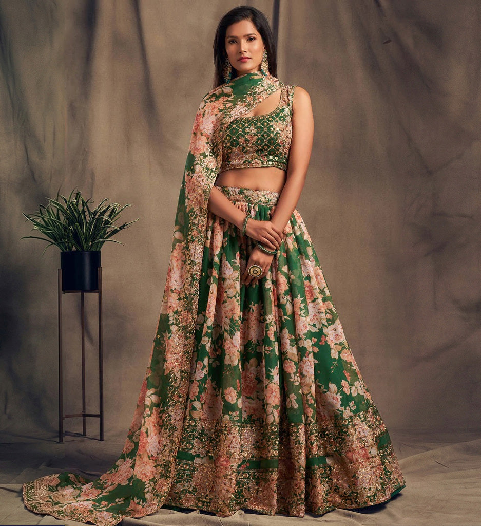 Green Zari Embroidery Organza Occasional Wear Semi Stitched Lehenga