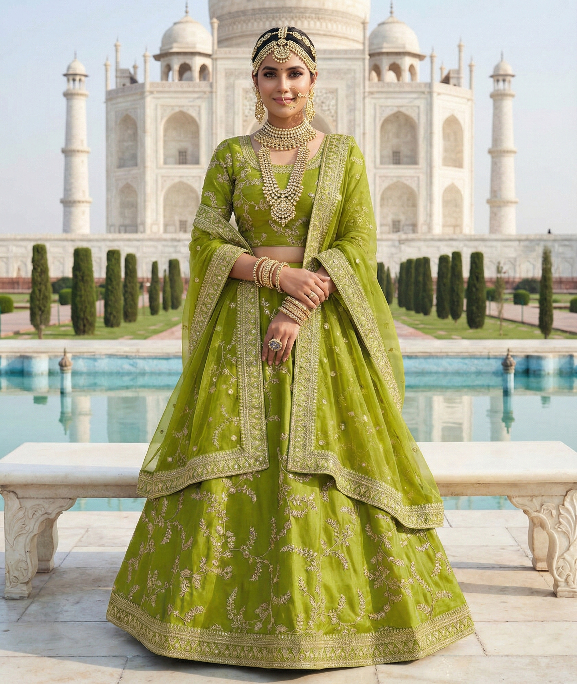 Embroidered Silk Lehenga Choli In Neon Green