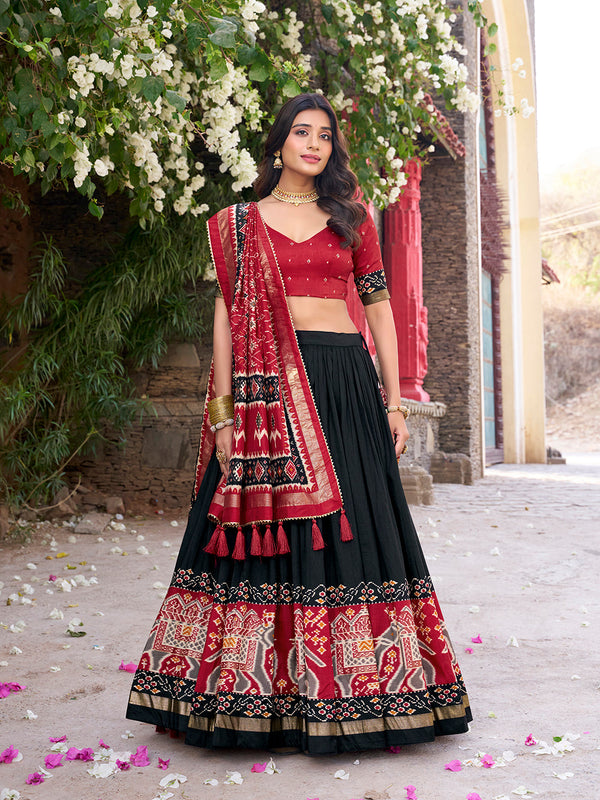 Black Color Patola Printed Tussar Silk Lehenga Choli - Image 2