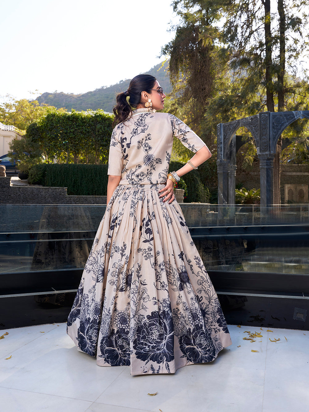 Cream Floral Print Tussar Silk Co-ord Set lehenga Choli